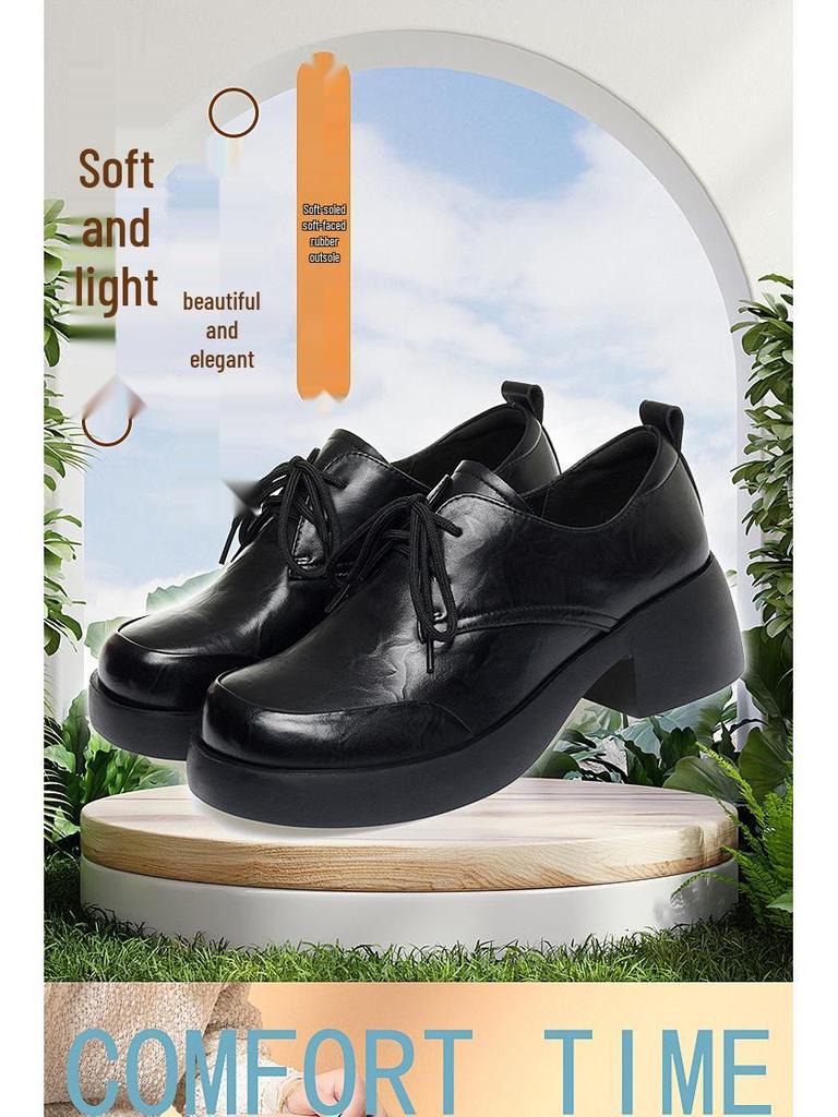 Neue Damen Echtleder Chunky Heel Schnür-Loafer - Britischer Stil, Runde Zehenpartie, Weiche Sohle, Rutschfest, Vielseitig für Frühling/Herbst