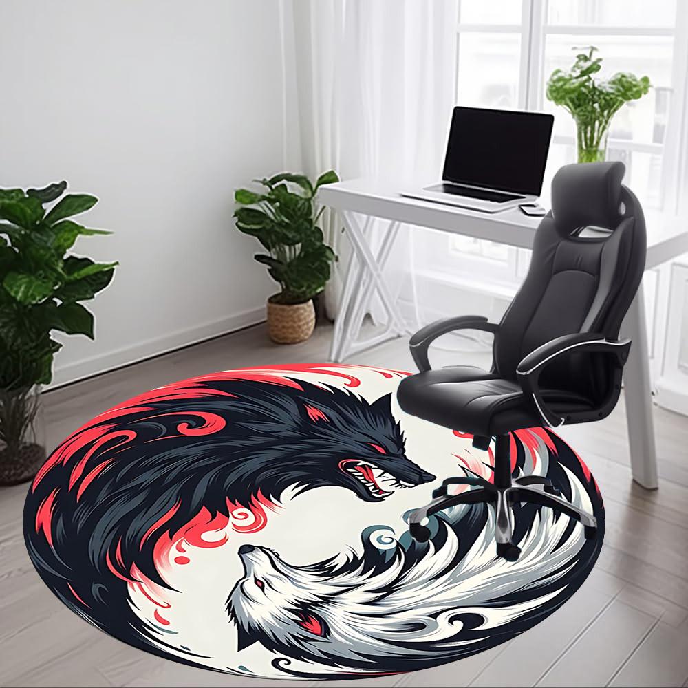 1pc Wolf YinYang Office Round Area Rug, Under Office Chairs Bedroom Living Room Home Decor, Room Deco, Available in Various Sizes
