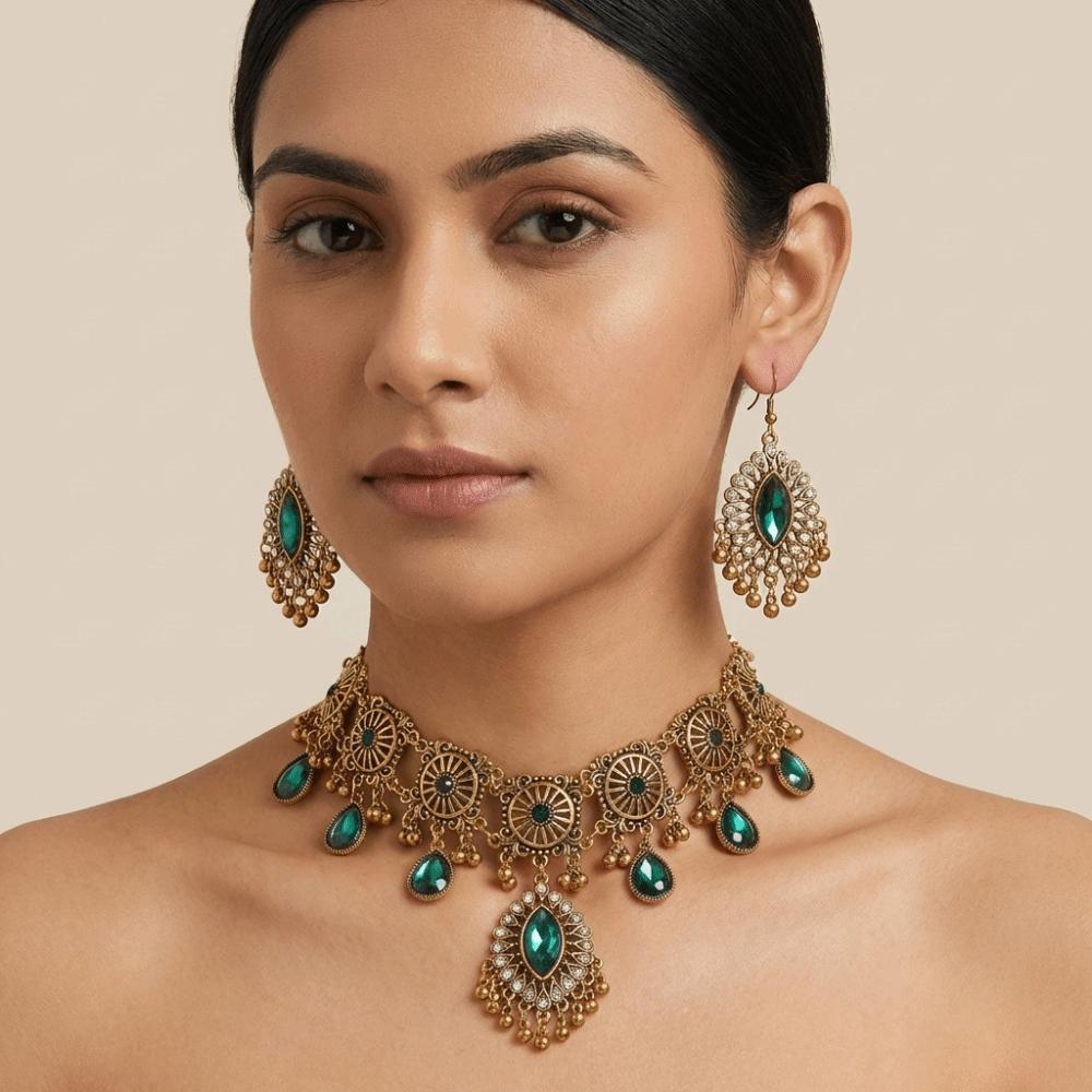Metal Necklace Earrings Set Bohemia Style Ethnic Style Necklace Set Rhinestone Jewelry Set Women