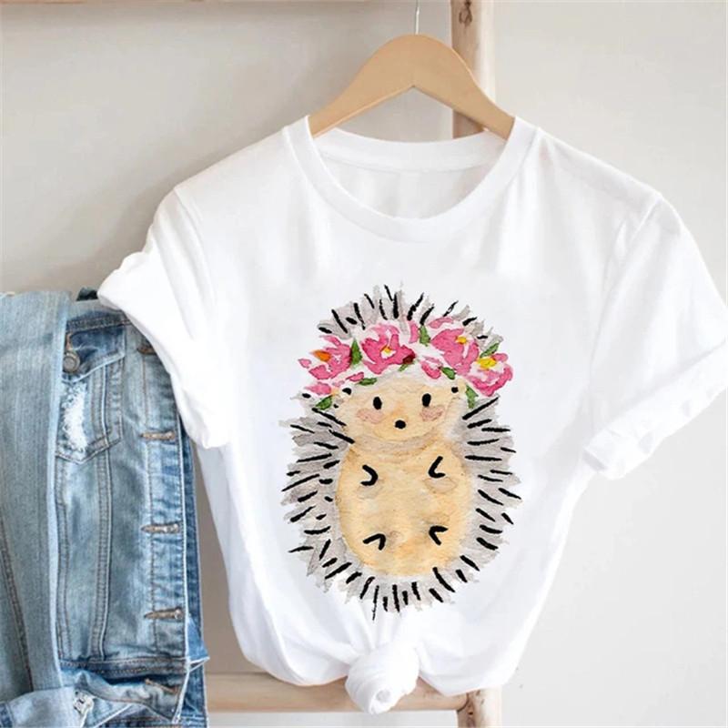 Pink Women Tshirts Casual Cute Cartoon Hedgehog Floral Graphic Print Female Tee Tops Harajuku Fashion Short Sleeve T Shirt Femme