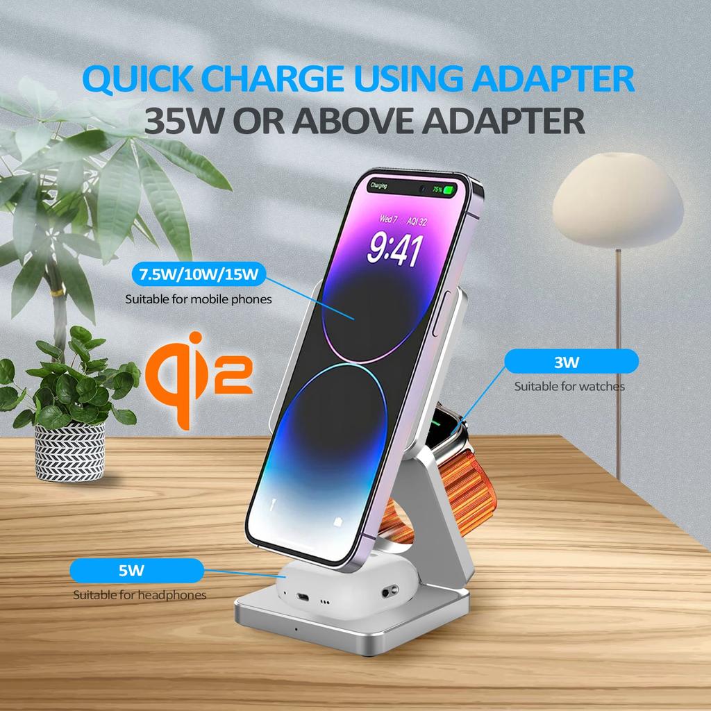 Qi2 3 In 1 15W Magnetic Wireless Charger for Iphone 16 15 14 13 Fast Charging Folding for Watch Airpods Wireless Charger