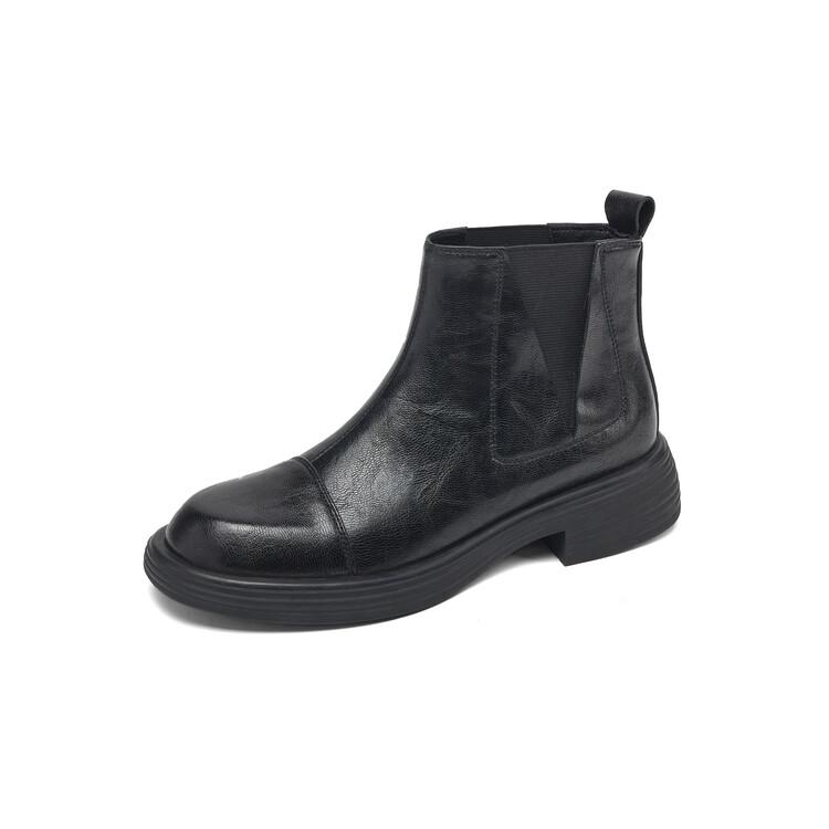 

Fashion NEW Autumn Women Boots Split Leather Shoes for Women Round Toe Chunky Heel Shoes Black Slip-on Ankle Boots Casual Chelsea Boots 42 чёрный
