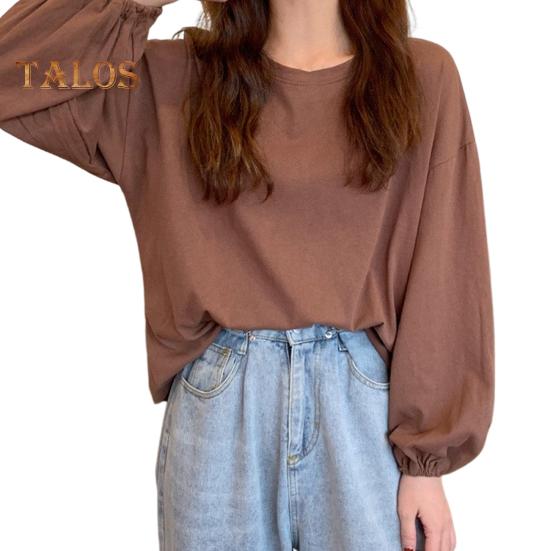 Women T-shirt Round Neck Lantern Long Sleeve Elastic Cuffs Tee Shirt Solid Color Loose Fit Pullover Tops Daily Wear