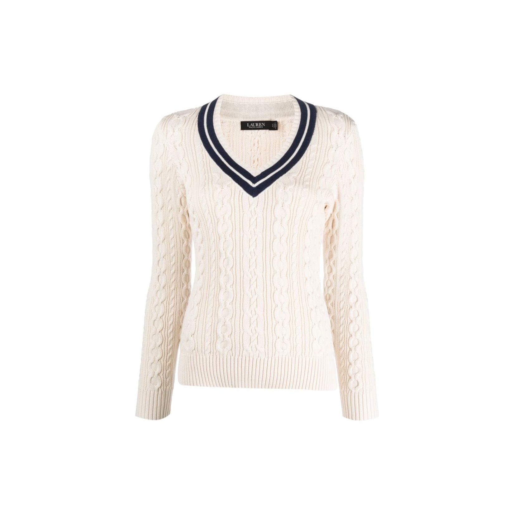 

Polo Ralph Lauren SS23 Свитер-пуловер с V-образным вырезом, крупной кабельной вязкой и цветовыми блоками, женский, цвет молочный 200902626-001