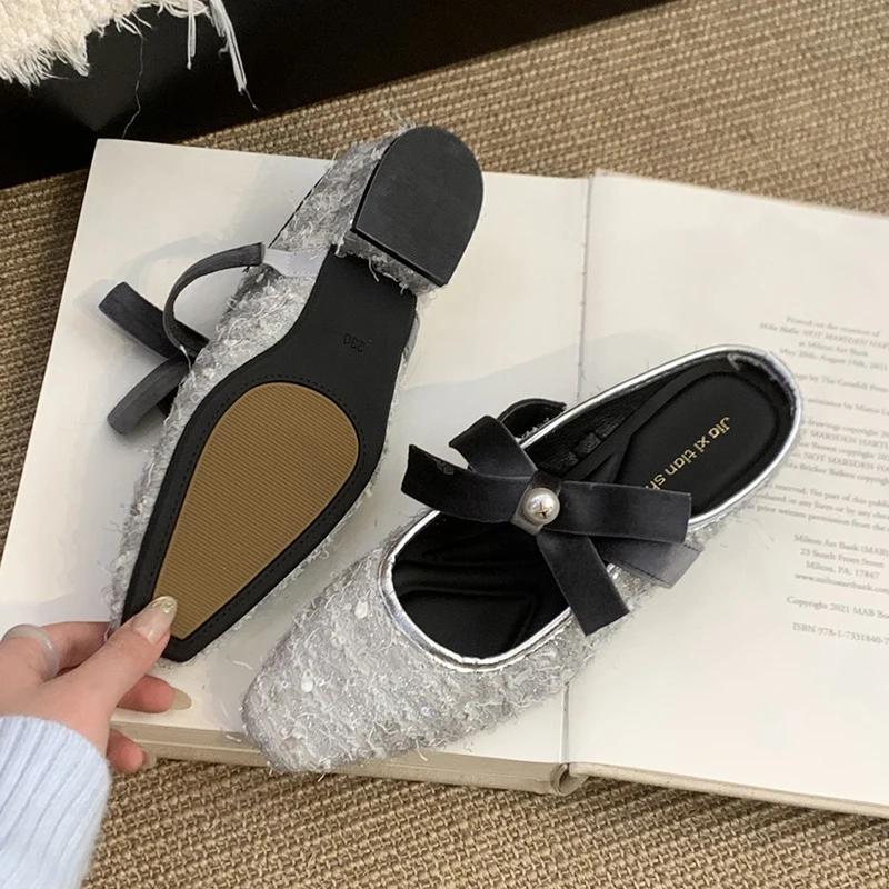2025 Summer Cover Toe Women Muels Slippers Shoes Fashion Shallow Butterfly-knot Street Style Thick Heel Slides Shoes