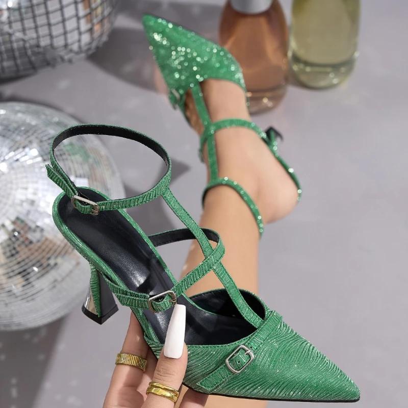 Fashion Green Narrow Band Brand Designer Sandals Women Fashion Pointed Toe Buckle T Strap High Heeled Sandals Elegant Banquet Dress Shoe