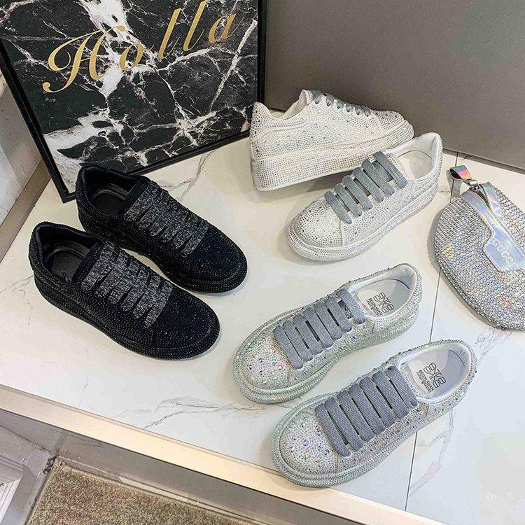 Muffin Thick-soled White Shoes Women's Rhinestone Lace-up Women's Shoes Casual Flat-soled Single Shoes