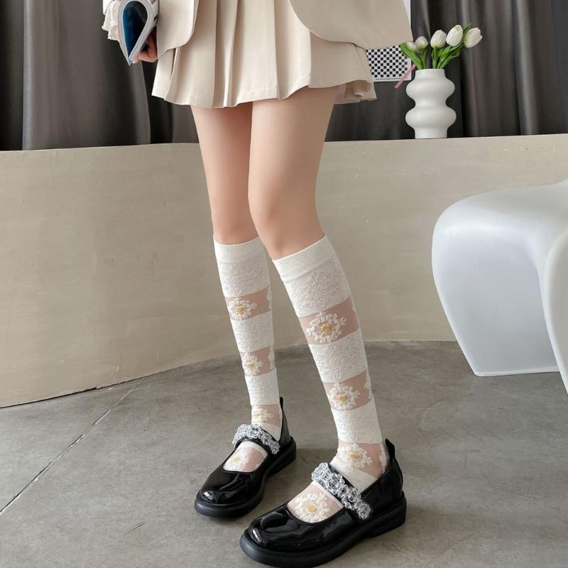 Womens Knee High Stocking Lace Top Stockings Silky Stocking Tights for Womens Girls Knee High Lace Mesh Socks