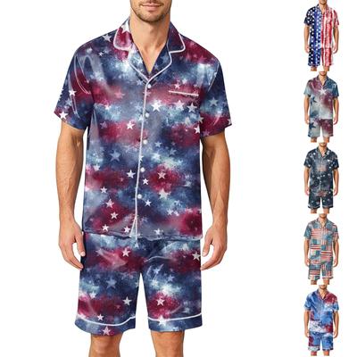 Men Satin Short Sleeve Pajama Set Two Piece Sleepwear with Shorts and Pocket Lightweight Smooth Fabric Comfortable Fit