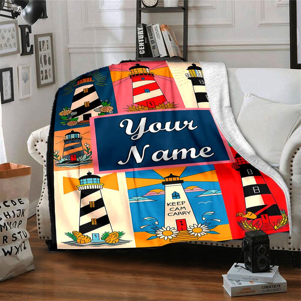 Lighthouse Scenery Blanket With Customizable Name Four Seasons Comfortable Shawl Blanket Suitable For Home Travel Camping Office Decoration Perfect