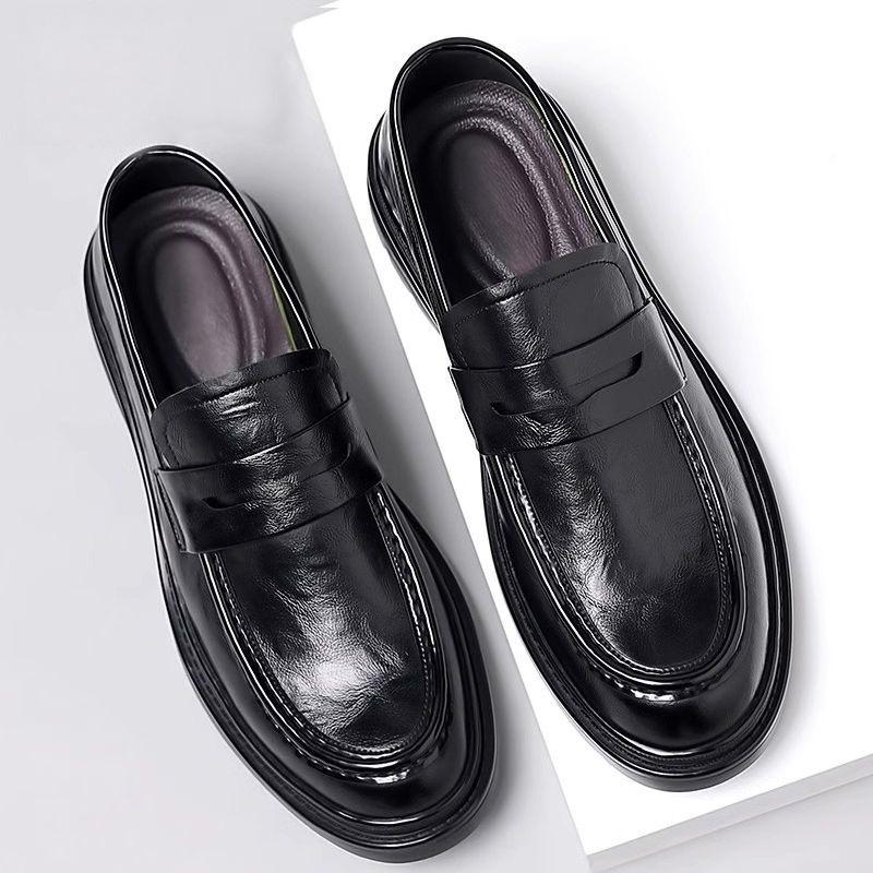 New Men's Leather Shoes Men's One-pedal Men's Business Wedding Interview Shoes Lace-free Platform British Casual Shoes