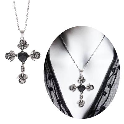 Exquisite Craftsmanship Neckchains Jewelry Vintage Thorn Rose Crosses Pendant Necklace with Gothic Charm for Gatherings