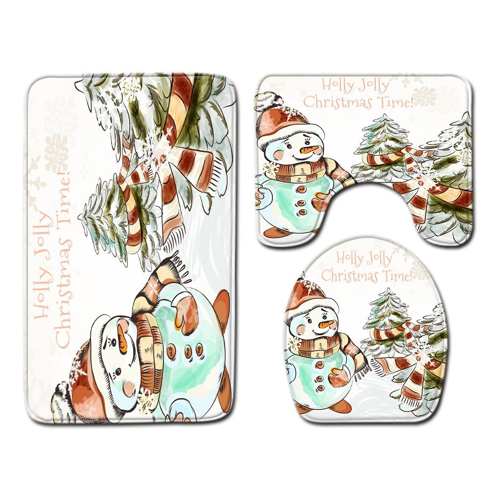 Christmas Shower Curtain Floor Mat Combination Four-Piece Set Bathroom Toilet Carpet Shower Room Mat Foot Mat