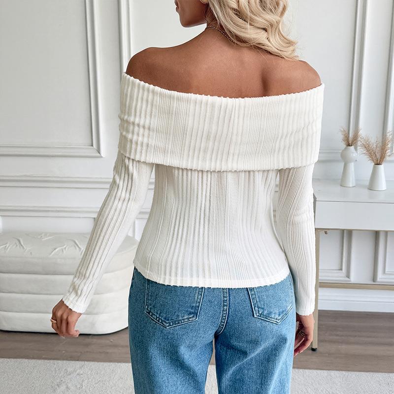Solid-color French One-shoulder Off-the-shoulder Top Autumn New Style Slimming and Form-fitting Long-sleeved Knitted Sweater for Women