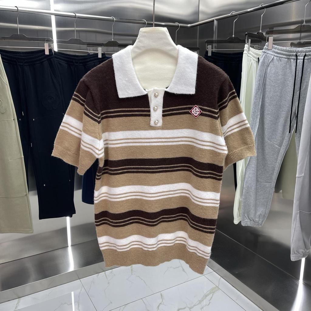 Summer Unisex Color Block Striped Knit Wool Polo Shirt - Short Sleeve