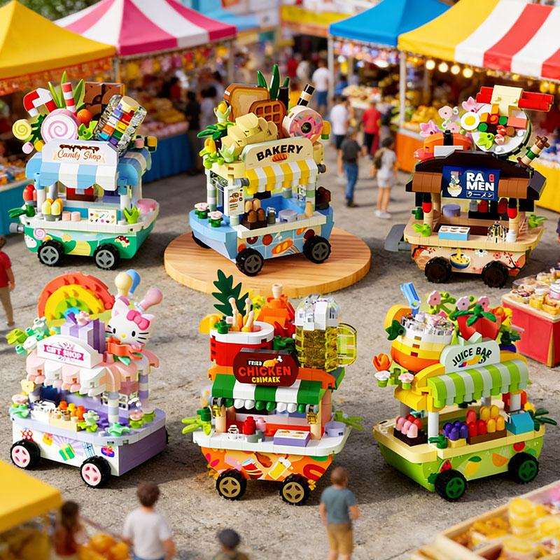 New Diy Mini Creative Street Food Cart Building Block Set, Display Cabinet Puzzle Toy For Adults And Kids Ideal Holiday Gift