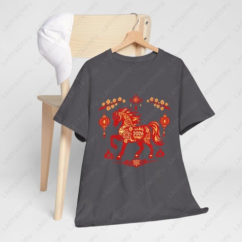 2026 Jahr des Pferdes Unisex Baumwollhemd Chinesisches Mondneujahr Pferd Grafik-T-Shirt Rot Gold Tierkreiszeichen Grafik Rundhals Gedruckte Oberteile