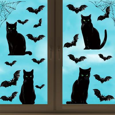 Halloween Window Stickers, Black Cat Bat Stickers, Living Room Wall Decorations, Wall Stickers, Spider Web Patterns, PVC Holiday Silhouette Stickers