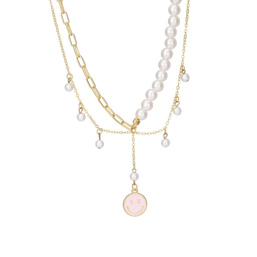 Elegant Gold Pearl Smiley Face Necklace Trendy Geometric Design For Women