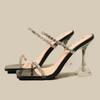 2025New Summer Sexy Fashion Open Toe Women's Sandals Water Diamond Shining Square Headed Banquet  High Heels Large Design