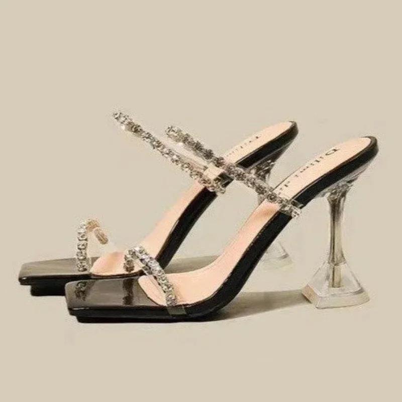 2025New Summer Sexy Fashion Open Toe Women's Sandals Water Diamond Shining Square Headed Banquet  High Heels Large Design