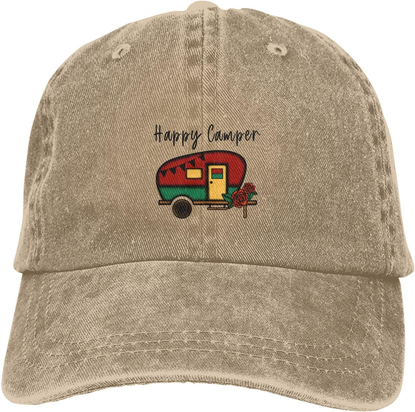

Happy Camper RV Travel Trailer Graphic Baseball Cap Vintage Low Profile Cotton Blend Adjustable Hat One Size