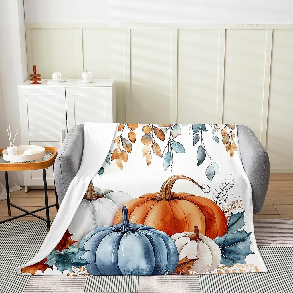 GUOYU Blanket Fall Pumpkin Harvest Fleece Flannel BlanketRustic Maple Autumn Leaves Bed Plush Blanket for Rustic Home DecorHarvest Patchwork