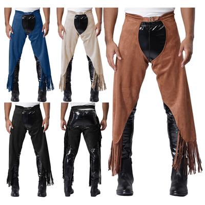Pánske vintage kovbojské chapsy nastaviteľné pracky otvorený rozkrok rozstrapkané semišové nohavice na Halloween a westernovú cosplay (S-3XL)