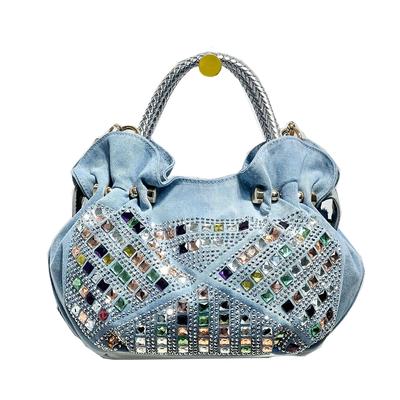 Mini Borsa a Tracolla Coreana, Borsa in Tela Denim con Borchie di Strass, Borsa a Spalla Fashion Donna Casual Chic