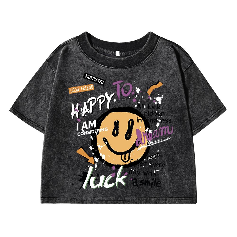 Happy To Luck Cartoon Printing Women Washed Shrot Clothes Casual Fashion Tshirts Street Breathable Tee Tops Summer T Shirts