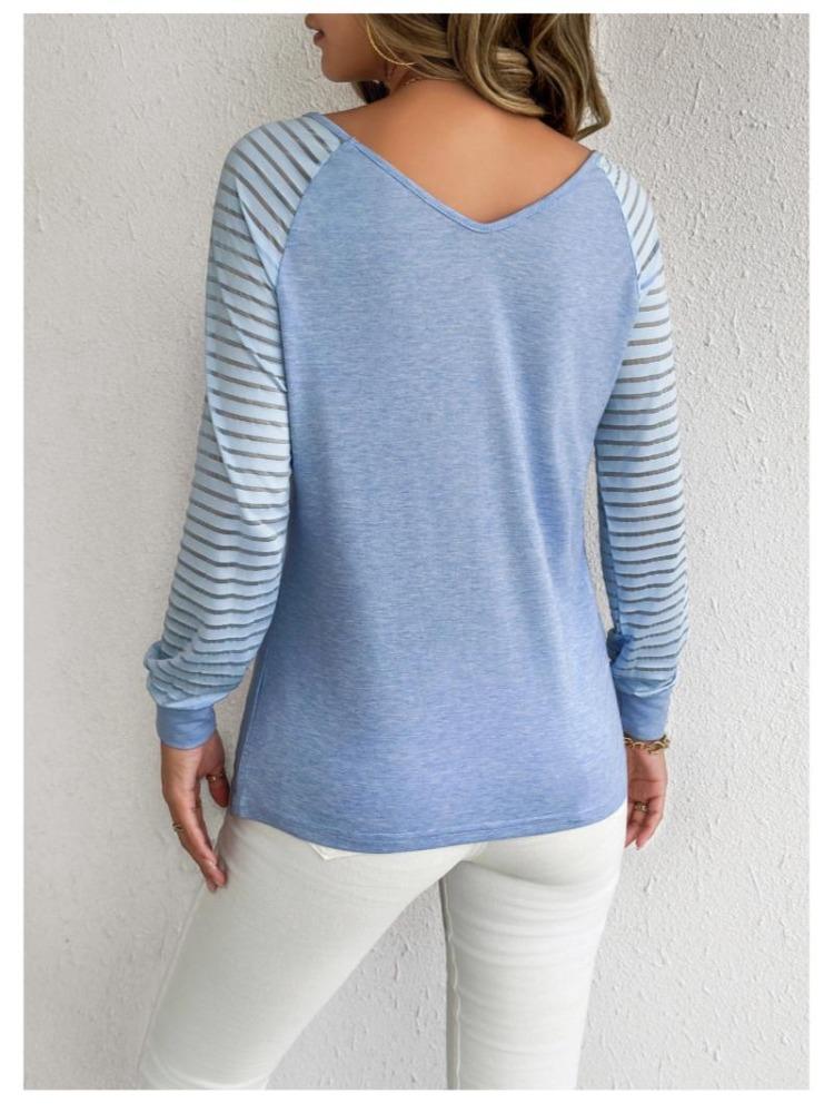 Women Casual Fashion Loose Fit Large Size Long Sleeve V Neck Striped Top Spring Autumn