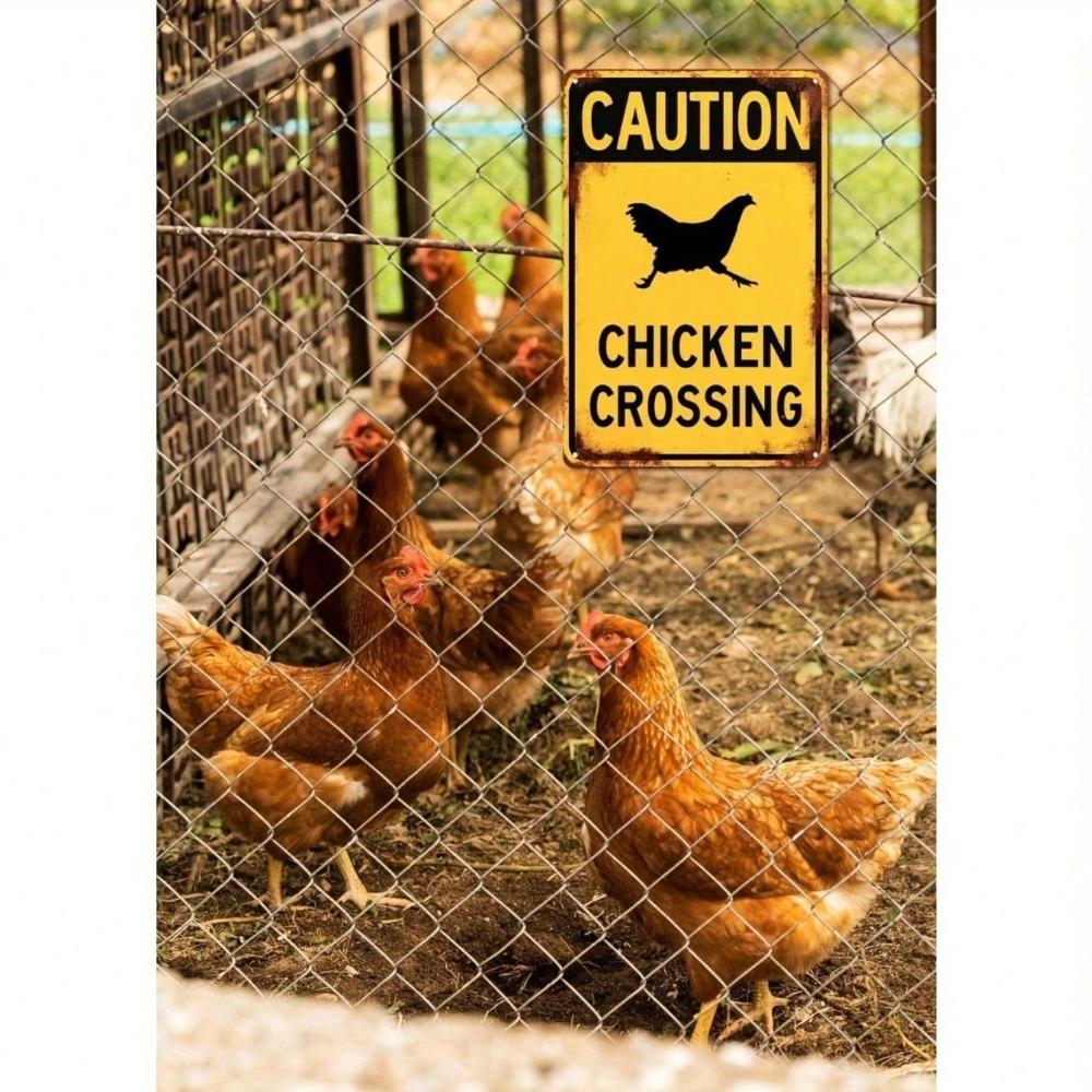 Vintage Metal Sign - Beware of Chickens Crossing, Rustic Yellow Black Tin Plaque, Waterproof 2D Wall Decor