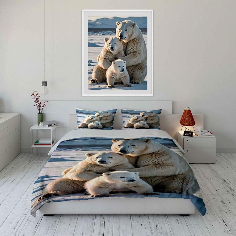 Polar Bear Family in Snow Bedding Duvet Cover Set (1*Duvet Cover 2*Pillowcases, without duvet insert)