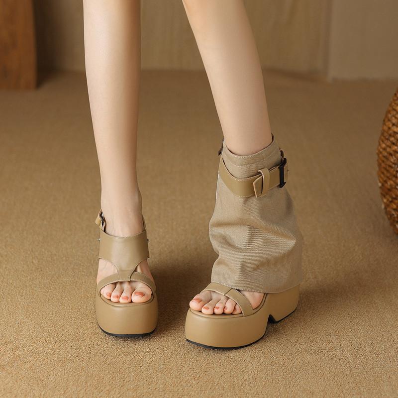 Pants Boots Women's Summer New Short Boots 12cm Height Increase Small Thick-soled Slope High-heeled Muffin Leather Roman Sandals