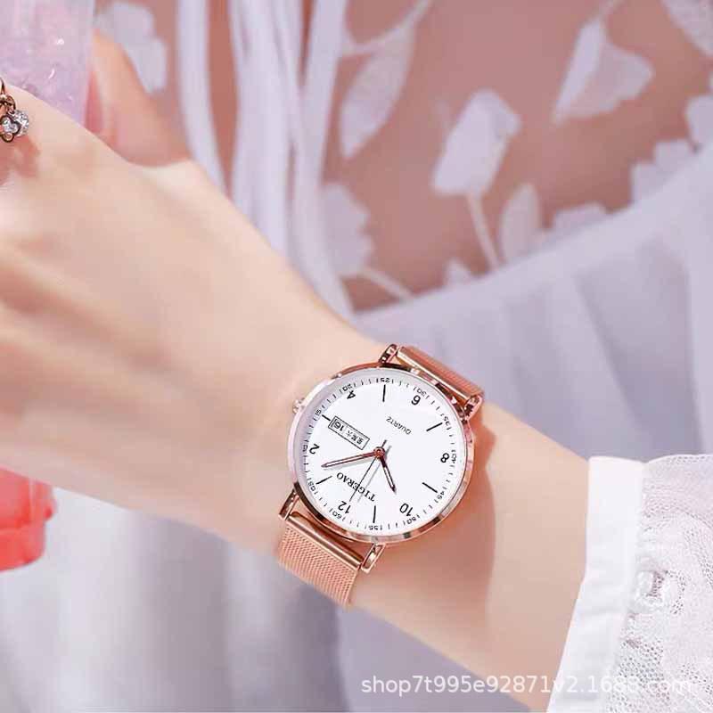 Womens Watch Automatic Quartz Dual Calendar Waterproof Luminous Ultra-Thin Elegant Wristwatch for Women
