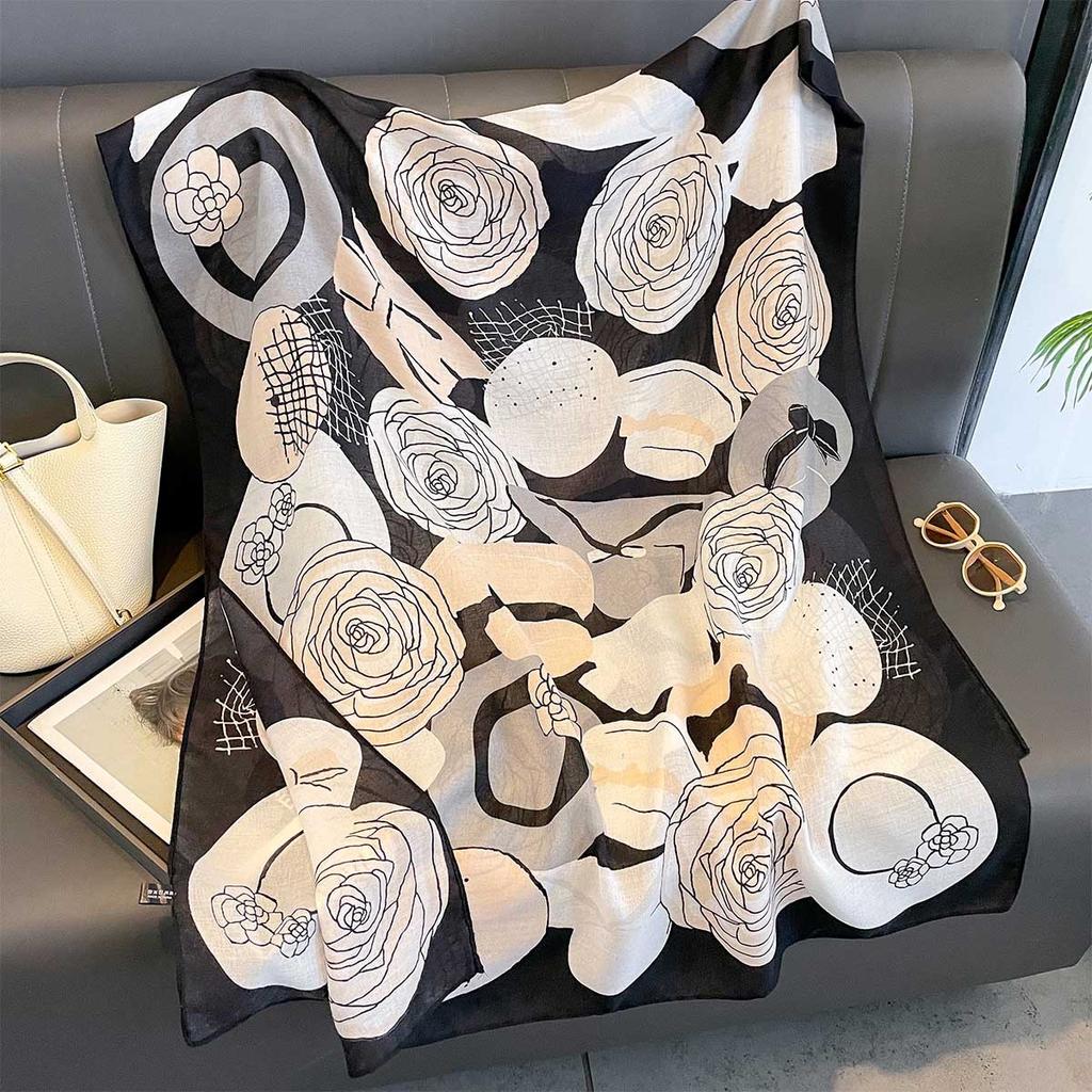 Women Cotton Linen Rose Print Scarf Shawl Hijab Muslim Long Headscarf Scarves Head Wraps Long Female Head Scarf