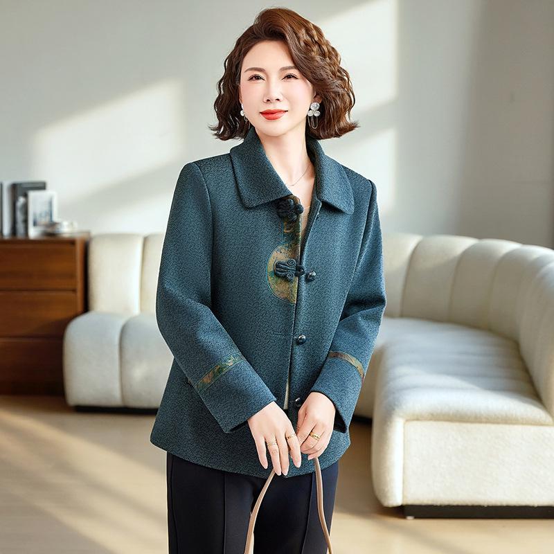 Spring Arrival: Chinese Style Embroidered Woolen Coat for Middle-Aged & Elderly Women - Loose, Stylish Cardigan