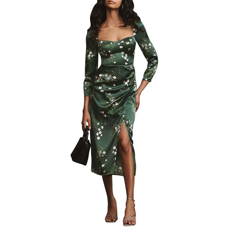 Amazon Ebay Cross-border Dress European and American Sexy French Retro Satin Print Low Slim Skirt