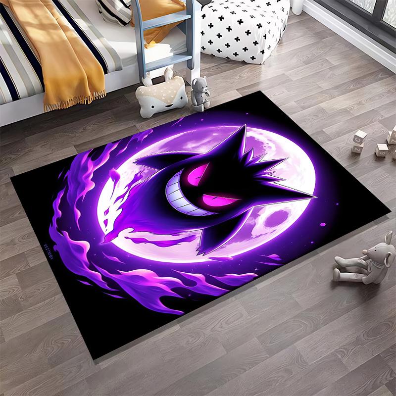 Soft Flannel Carpet, Purple Gengar Ghost Pokemon Glowing Eyes Full Moon Violet Flames Night, Soft Plush Rug for Adult Game Room Decor, Anime Fan Gift