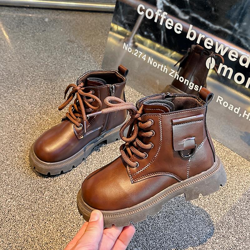 Children Platform Ankle Boots New Round-toe Black Boots for Girl Solid Color Causal Kids Fashion Short Leather Boots Side Zipper