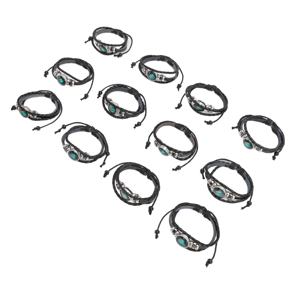 12pcs Zodiac Bracelet Multilayer Woven PU Leather Bracelet Decorative Lightweight Cuff Braided