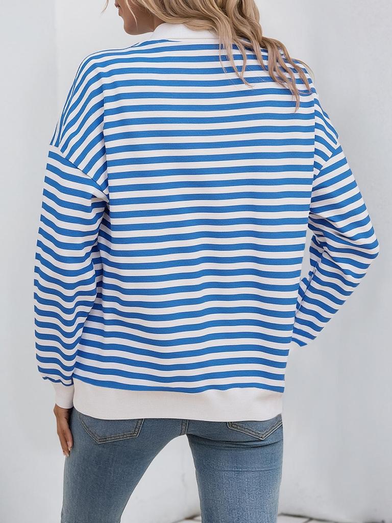 Women's Retro Striped Polo Collar Long Sleeve Hoodie - Loose Fit Autumn/Winter 2026 Pullover