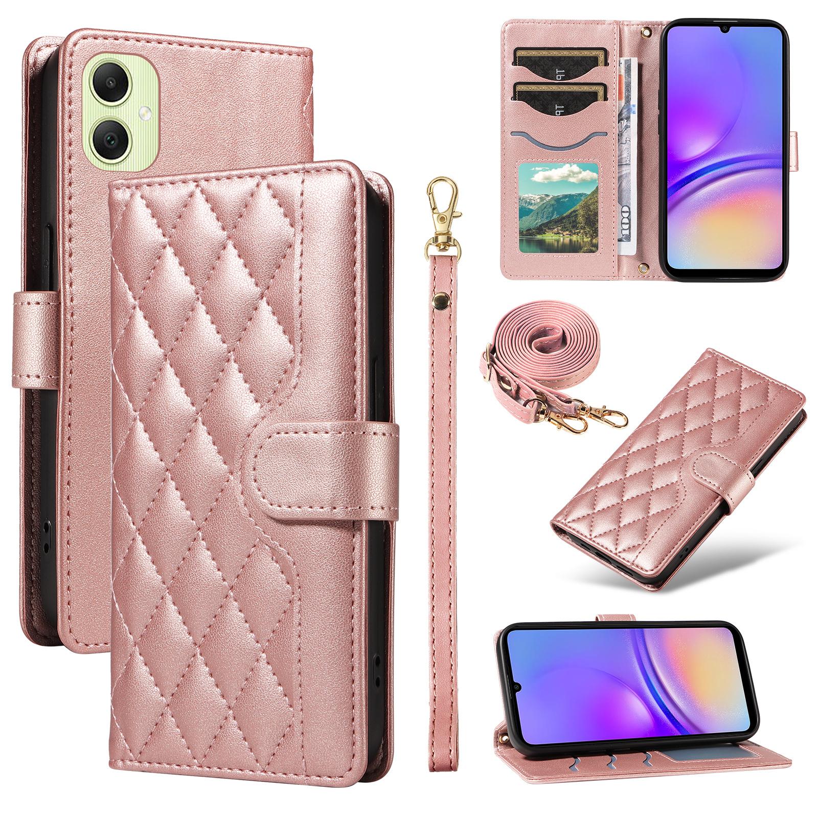 

Чехол-кошелек из ромбовидной кожи для Samsung Galaxy A05 4G с плечевым ремнем, ремешком на запястье Rose Gold