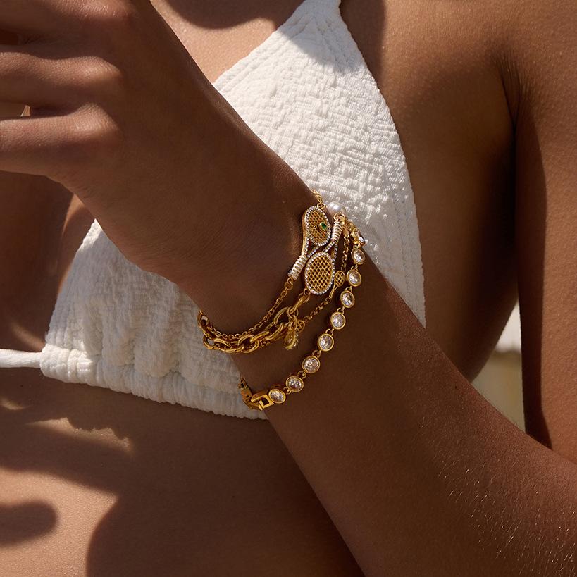 Bracciale Tennis Racket Acciaio Inossidabile Placcato Oro 18K Zircone Regalo per Appassionato di Sport Moda A Prova di Sudore Gioielli Sportivi Usura Quotidiana