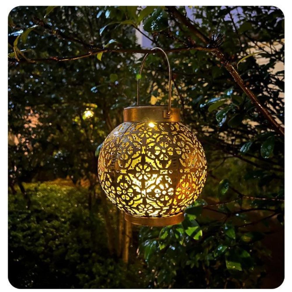 Solar Powered Iron Projection Light Outdoor Garden Hanging Lantern With Hollow Out Design For Patio Fence Decoration