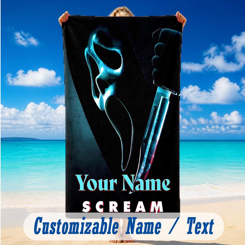 Beach Towel Custom Name Text, Quick Dry Large Towel For Beach HomeScream Ghostface