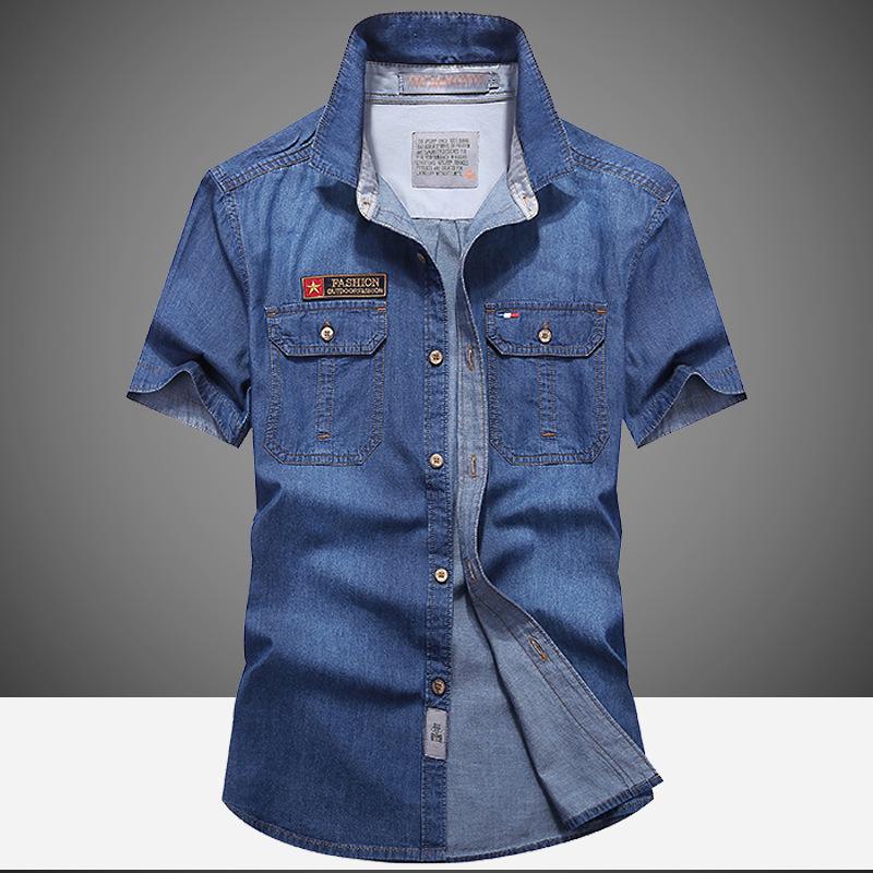 

Men s Summer Short Sleeve Loose Casual Denim Shirt XL джинсовый синий