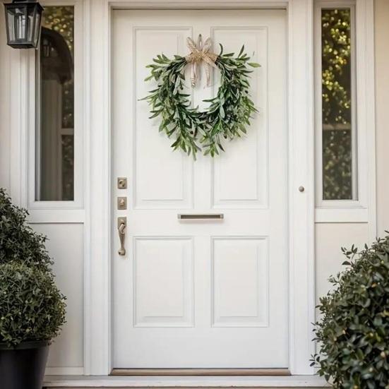 Artificial Olive Wreath for Front Door Realistic Green Olive Branches with Bean for Farmhouse Indoor Outdoor Home Wall Window Wedding Decor