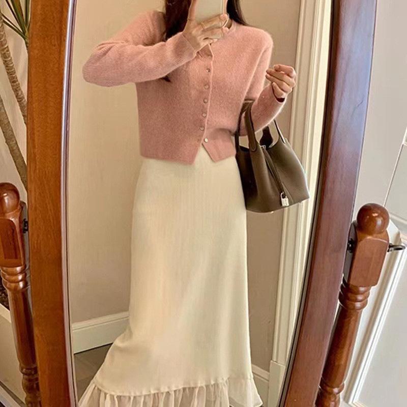 Autumn new gentle and simple style solid color single-breasted knitted cardigan women's casual versatile crew neck sweater women's