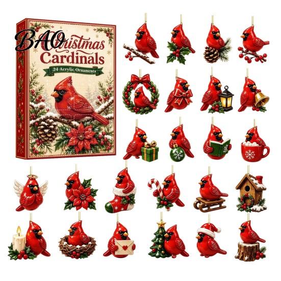 Holiday Countdown Decoration Red Bird Advent Calendar, 24-Day Christmas Set with Toy Ornaments, 2D Acrylic Tree Hanging Decor, Gift for Kids